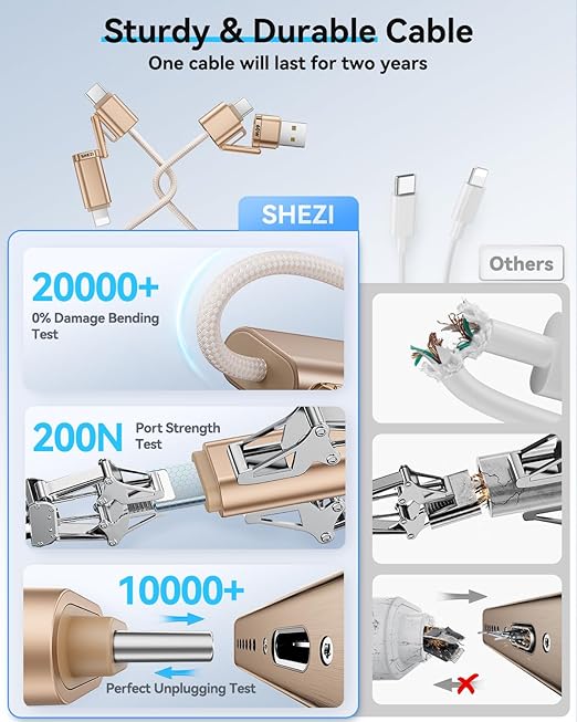 SHEZI 4-in-1 Compatible with USB C to Lightning Cable 60W Fast Charging &Data Transfer, Support to CarPlay & Android Auto,5FT Multi Cords Charger Combo for iPhone/iPad/Samsung/MacBook Cable, Titanium