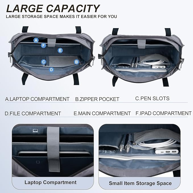 EMPSIGN Laptop Tote Bag for Women 16 Inch, Stylish Computer Shoulder Tote Bag for Work, Large Capacity Quilted Laptop Briefcase, Waterproof Women Business Office Bag, Quilted Grey
