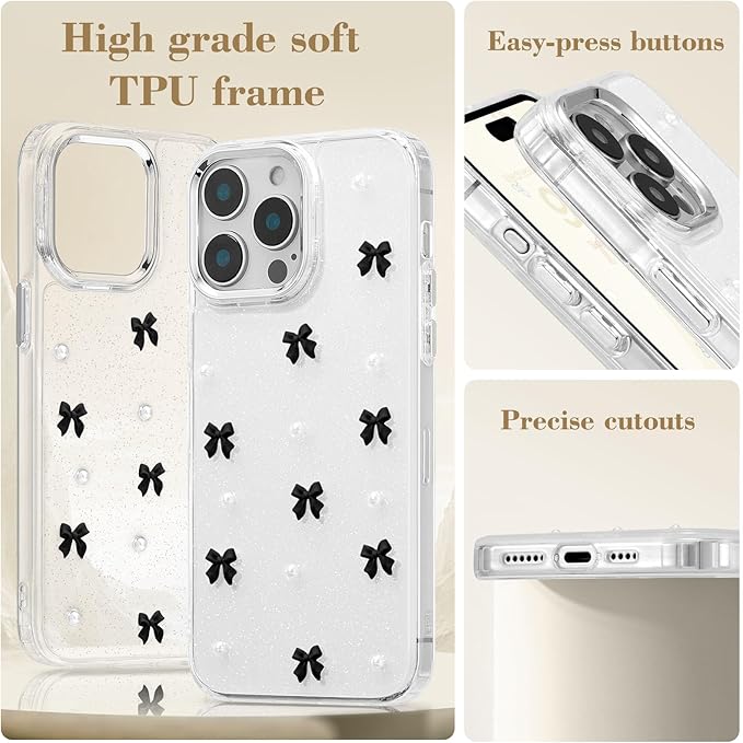 EYZUTAK Case for iPhone 13 Pro Max, Bling Glitter 3D Bowknot Phone Case Cute Sparkly Crystal Clear Bow Aesthetic Design Case Slim Soft Durable TPU Transparent Protective Cover for Women Girl-Black Bow
