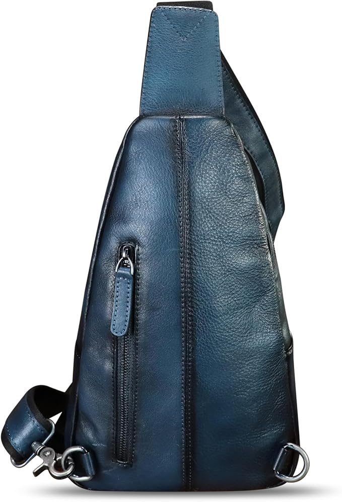 Genuine Leather Sling Bag Embossed Crocodile Pattern Leather Crossbody Sling Backpack Handmade Chest Purse Daypack (Navy Blue)
