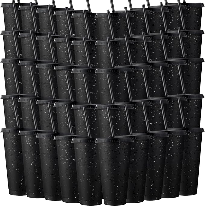 Honeydak 60 Pack Tumbler with Straw and Lid Bulk Glitter Plastic Cups Water Bottle Iced Coffee Travel Mug Reusable Party Favor Cups for Birthdays travel 24-27 oz (Black)