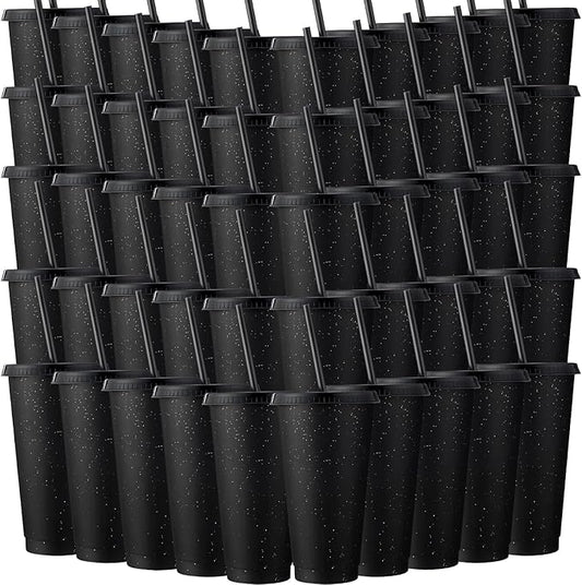 Honeydak 60 Pack Tumbler with Straw and Lid Bulk Glitter Plastic Cups Water Bottle Iced Coffee Travel Mug Reusable Party Favor Cups for Birthdays travel 24-27 oz (Black)