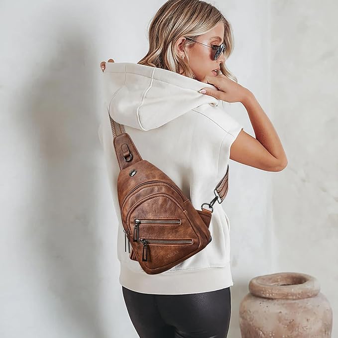 7L Sling Bag For Women Faux Leather Anti Theft Small Casual Daypack Backpack Fanny Pack Crossbody Chest Bags Purse Waterproof Brown