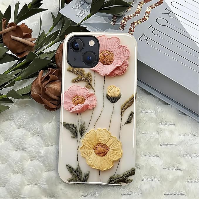 Case for iPhone 14 Plus Case,Faux Embroidery Boho Floral Design - Hybrid Dual Protection Silicone + Hard PC Shockproof Full Body Cover Slim Anti-Scratch Protective Case for Men Women
