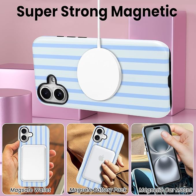 SOKAD Magnetic Vertical Stripes Phone Case for iPhone 16, Cute Light Blue Striped Line Pattern Compatible with Magsafe Matte Protective Case Cover with Screen Protector for Girls Women
