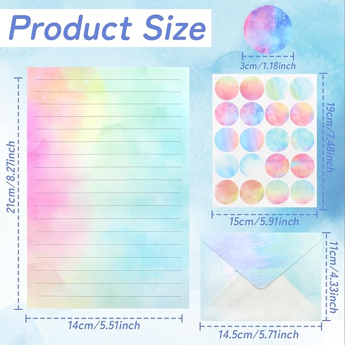 160 Pcs Stationery Paper Set Including 50 Matching Envelopes 50 One Side Stationery Writing Papers 60 Round Dot Sticker for School Office Supplies,10 Designs, 5.5 x 8.25 Inch(Watercolor)
