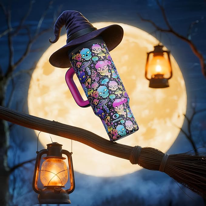 40oz Halloween Tumbler with Handle and Straw, Stainless Steel Insulated Water Bottle with Straw, Leak-Proof, Cup Holder Friendly, Keeps Cold 24 H, Gifts for Women Men, Trippy Skulls