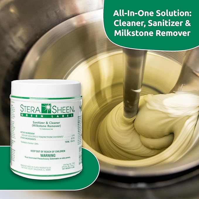 Green Label 4 Count 4lb Jar | Sanitizer + Cleaner + Milkstone Remover | Cleaner and Sanitizer for Soft Serve + Shake Machines + Ice Maker & Ice Machines | By Purdy Products