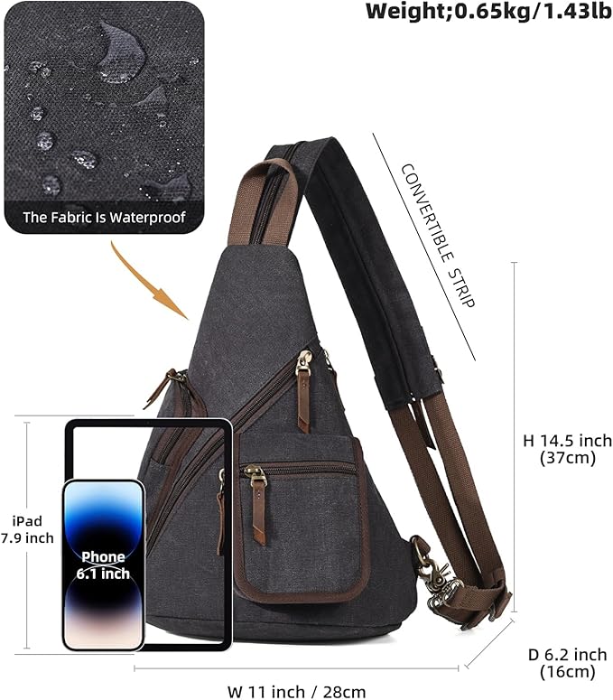 KL928 Canvas Sling Bag - Casual Crossbody Shoulder Daypack Rucksack Backpack for Men Women, Black