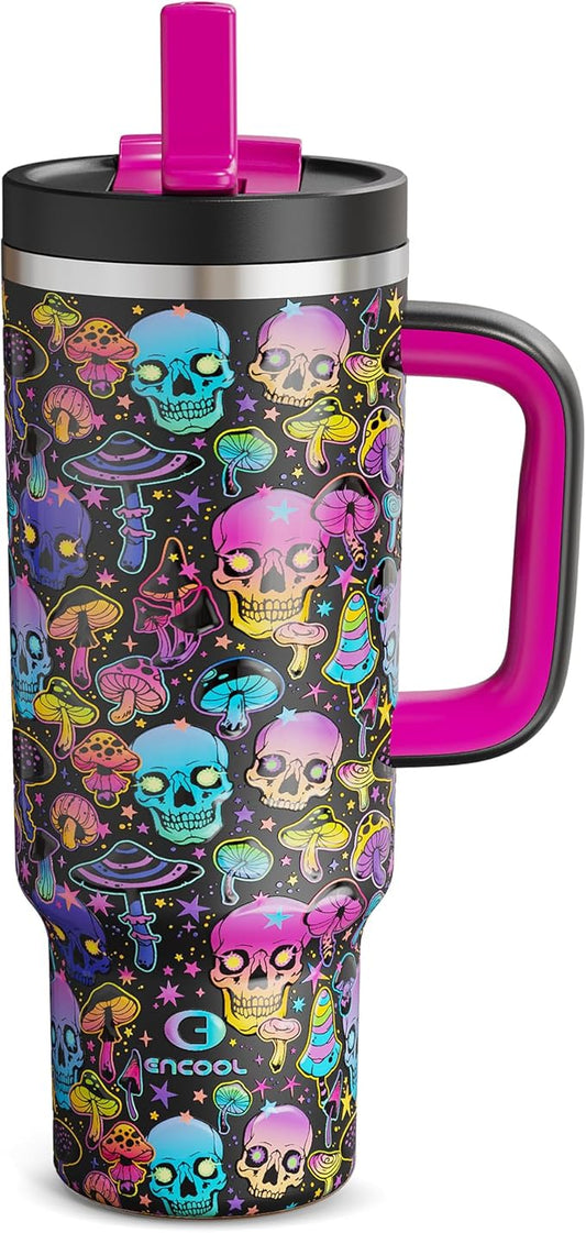40oz Halloween Tumbler with Handle and Straw, Stainless Steel Insulated Water Bottle with Straw, Leak-Proof, Cup Holder Friendly, Keeps Cold 24 H, Gifts for Women Men, Trippy Skulls