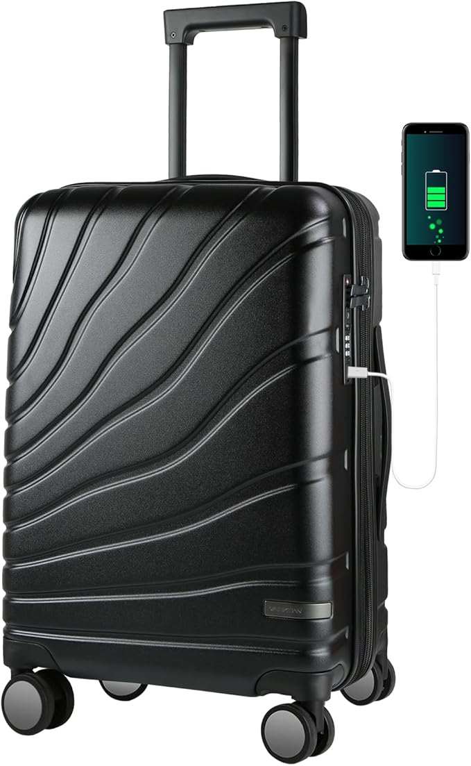 VANKEAN Carry On Luggage with Spinner Wheels & TSA Lock, Expandable Fashionable Hard Shell Suitcase airline approved，20 Inch Carry-On，Black