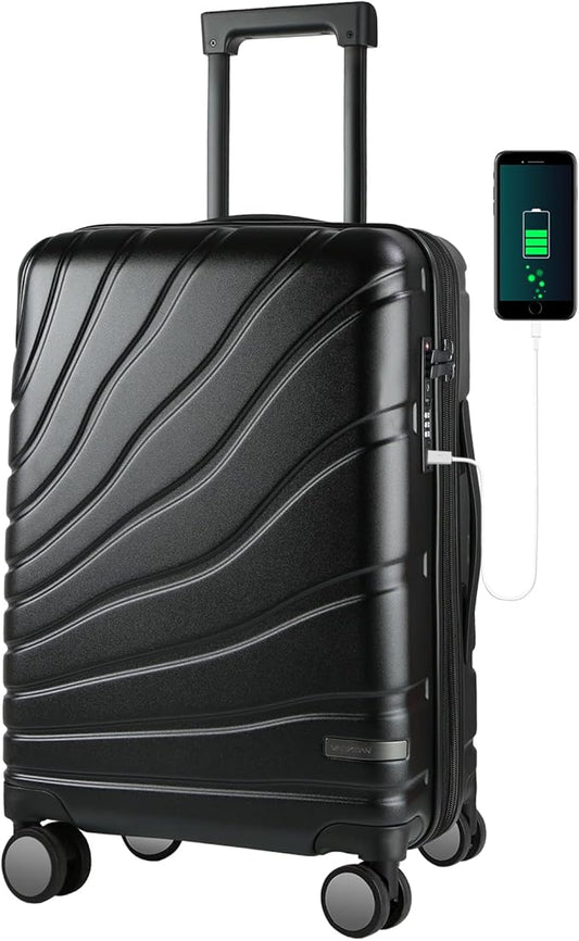 VANKEAN Carry On Luggage with Spinner Wheels & TSA Lock, Expandable Fashionable Hard Shell Suitcase airline approved，20 Inch Carry-On，Black