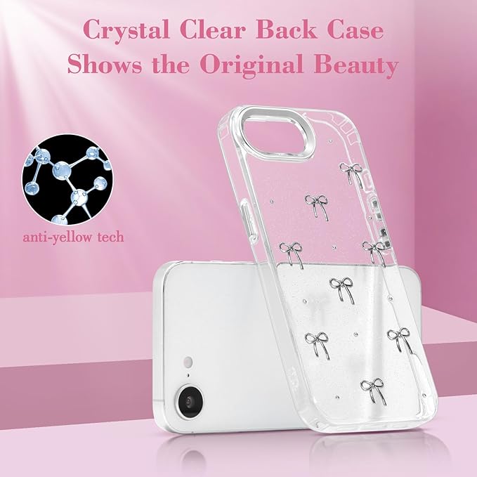 EYZUTAK Case for iPhone 16e, Bling Glitter 3D Bowknot Phone Case Cute Sparkly Crystal Clear Bow Aesthetic Design Cover Slim Soft Durable TPU Transparent Protective Cover for Women Girls - Bow