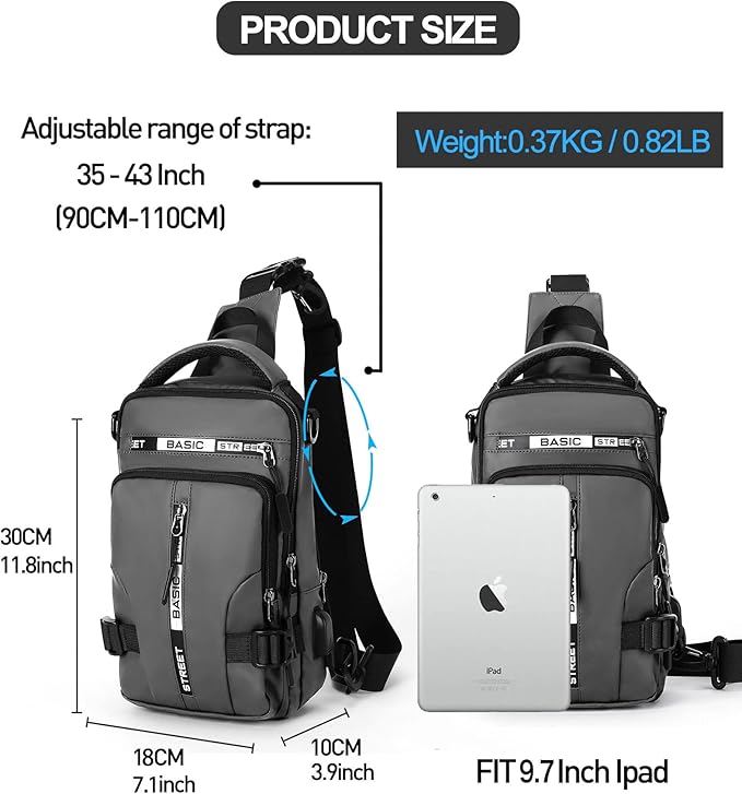 Grey Sling Crossbody Backpack Shoulder Messenger Bag for Men, Mini Anti Theft One Strap Motorcycle Backpack Sling Tactical Chest Bag for Hiking Walking Biking Travel Cycling
