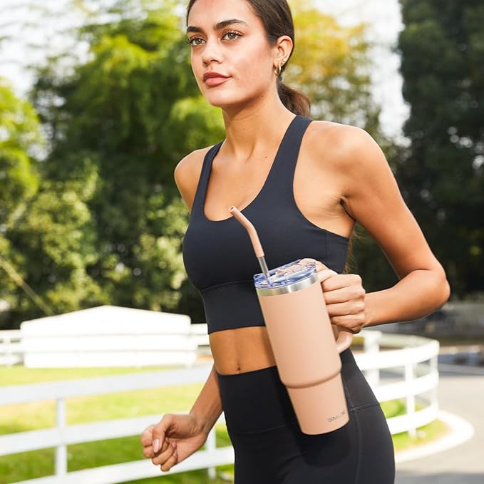 30 oz Tumbler with Handle, Tumbler with Lid and Straw, Double Wall Vacuum Insulated Travel Mug Stainless Steel Tumbler for Hot and Cold, Cupholder Friendly (Mocha)