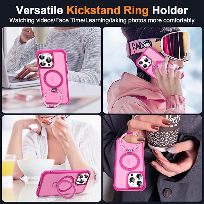 Compatible with iPhone 15 Pro Case with Invisible Magnetic O-Ring Stand Military-Grade Translucent Case for iPhone 15 Pro 6.1" [Compatible with Mag-Safe][Great Grip Feeling], Rose