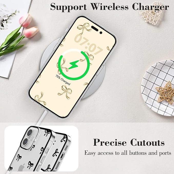 EYZUTAK Case for iPhone 16 Plus, Clear Cute Ribbon Bowknot Pattern Aesthetic Transparent Phone Case Raised Camera Protection Stylish Slim Soft Durable TPU Protective Cover for Women Girls - Black