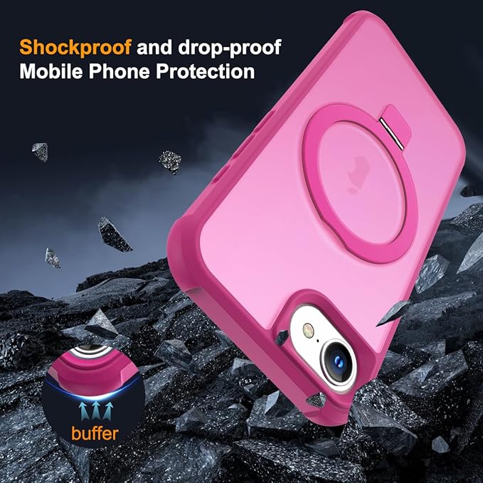 Compatible with iPhone 16E Case with Invisible Magnetic O-Ring Stand Military-Grade Translucent Case for iPhone 16E 6.1" 2025 [Compatible with Mag-Safe][Great Grip Feeling], Rose