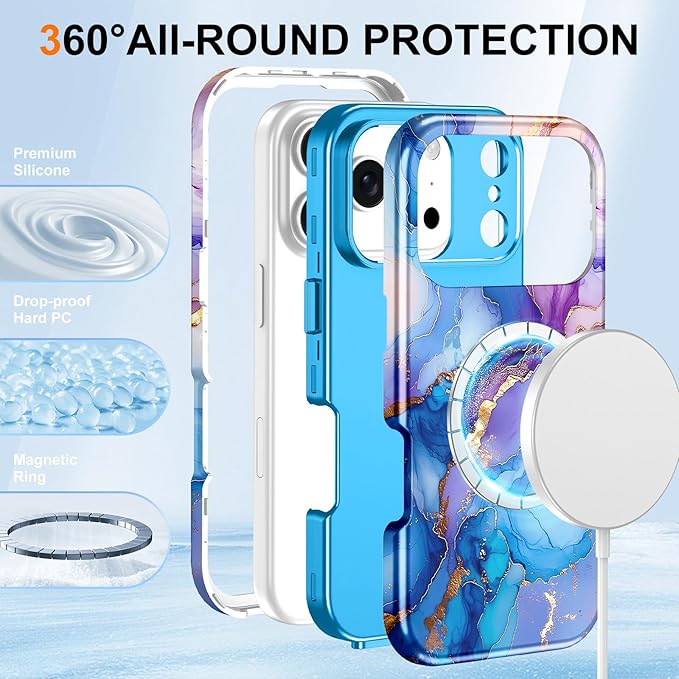 Btscase for iPhone 17 Pro Case [Compatible with Magsafe] [Military-Grade Drop Protection] Slim Anti-Scratch Smooth Touch TPU Bumper Shockproof Magnetic Phone Case for Women Girls Men, Blue Gold