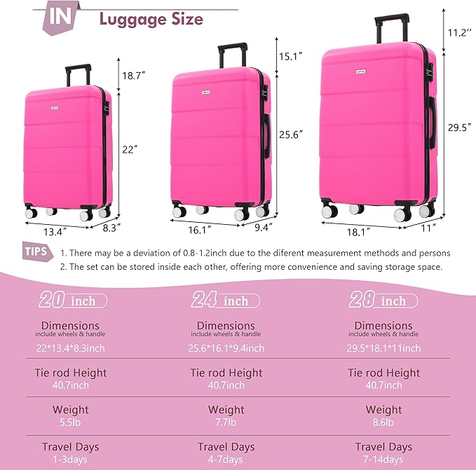 Merax Luggage Sets of 3 Piece Carry on Suitcase Airline Approved,Hardcase Suitcase Set with Double Spinner Wheels,Pink