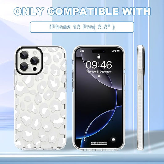 ZIYE Clear Case for iPhone 16 Pro Phone Case White Leopard Design Shockproof Soft TPU Bumper Protective for Women Girls Girly Cute Cover