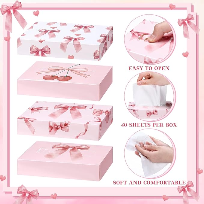 TaoBary 24 Packs Pink Bow Small Boxes of Tissues Flower Car Facial Tissue Boxes Disposable Tissue Packs Cube Facial Tissues 2 Ply 960 Sheets for Holiday Party Bathroom Office Floral Home Decor