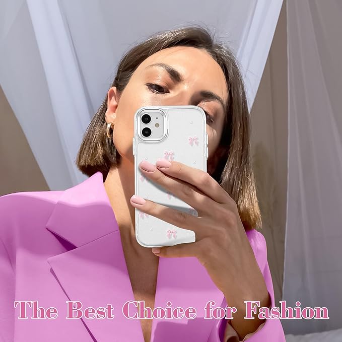 EYZUTAK Case for iPhone 12/iPhone 12 Pro, Bling Glitter 3D Bowknot Phone Case Cute Sparkly Crystal Clear Bow Aesthetic Case Slim Soft Durable TPU Transparent Protective Cover for Women Girls-Pink Bow