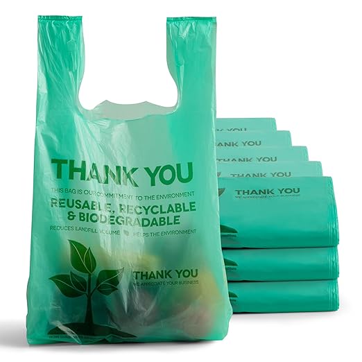 FMP Brands 1000 Count Eco Biodegradable Plastic Grocery Bags with Handles, Reusable Plastic Shopping Bags Bulk for Small Business, Restaurant, Groceries, Supermarket