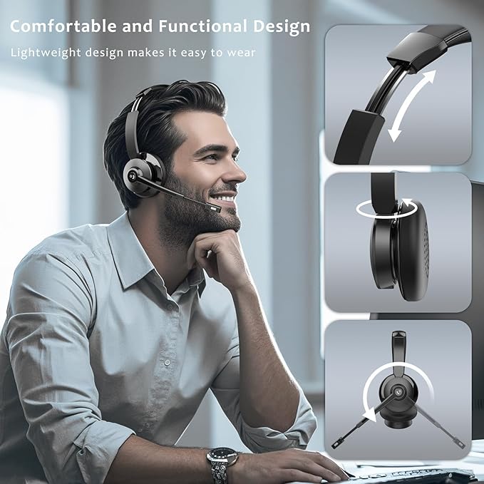 Wireless Headset，Bluetooth Headset with Microphone Noise Cancellation Wireless Headphones with USB Dongle Connection and Microphone Mute for PC/Laptop/Smartphone/Teams/Home
