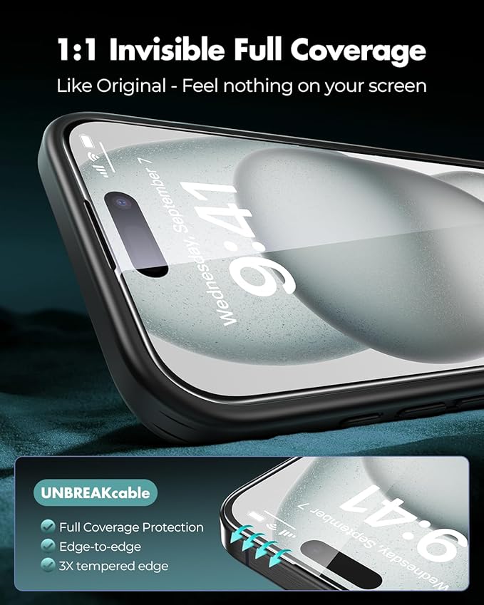 UNBREAKcable 3-Pack Screen Protector for iPhone 15 Plus Tempered Glass - [One-Pull Perfection] [Auto Dust-Elimination] [9H+ Hardness] [99.99% HD Clear] Full Coverage for iPhone 6.7 inch