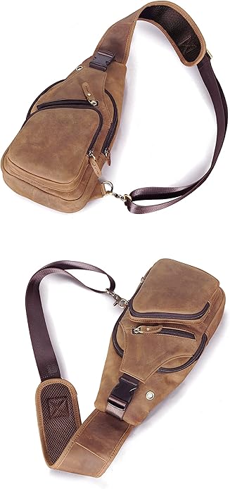 Le'aokuu Men Fashion Casual Tea Designer Travel Hiking Crossbody Chest Sling Bag Rig One Shoulder Strap Bag Men Leather 8015