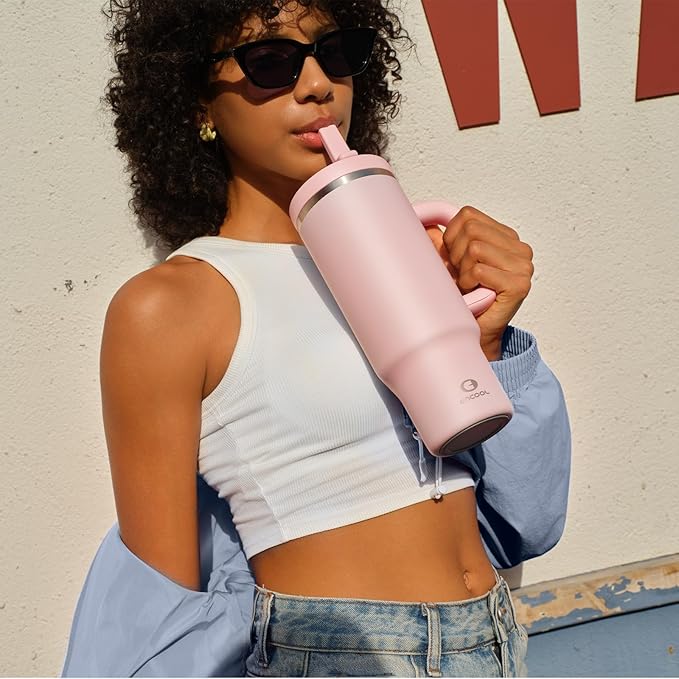 32 oz Tumbler with Handle and Straw: Stainless Steel Insulated Tumbler Keeps Cold for 24 Hours, Leakproof Travel Cup Fits in Cup Holder and BPA-Free, Cotton Candy