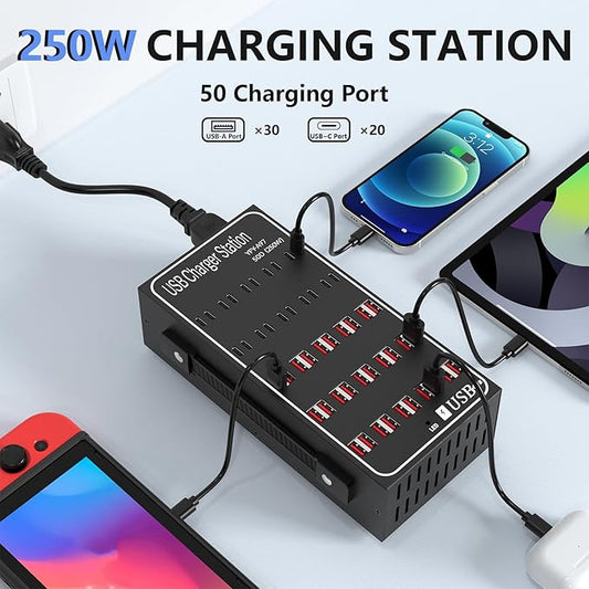 Multiple USB Charging Station, RUANSZZ 50 Port 250 Watt (50A) USB~C Charger Block with Power Switch, Multiple USB Desktop Charger Station, Suitable for Shops, Hotels, Schools, Shopping malls