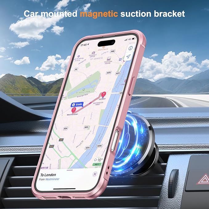 Compatible with iPhone 16 Plus Case with Invisible Magnetic O-Ring Stand Military-Grade Case for iPhone 16 Plus 6.7" [Compatible with Mag-Safe][Great Grip Feeling], Rose Gold