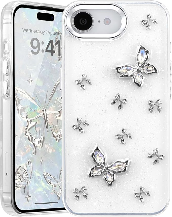 EYZUTAK Case for iPhone 16e, Bling Glitter 3D Butterflies Bowknot Phone Case Cute Crystal Clear Bow Aesthetic Case Slim Soft Durable TPU Transparent Protective Cover for Women Girls - Butterfly