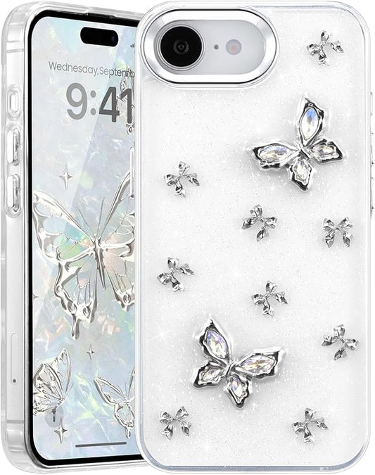 EYZUTAK Case for iPhone 16e, Bling Glitter 3D Butterflies Bowknot Phone Case Cute Crystal Clear Bow Aesthetic Case Slim Soft Durable TPU Transparent Protective Cover for Women Girls - Butterfly