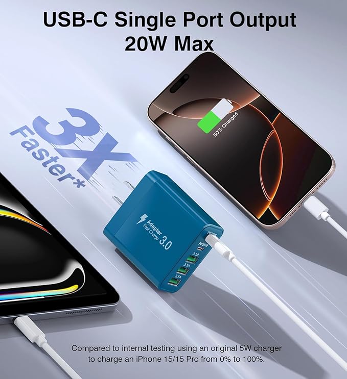 [2-Pack] USB C Wall Charger, 50W Fast USB C Charger Block, 5-Port PD Power Adapter + QC Wall Plug Multiport Type C Charging Block Cube Compatible with iPhone 16 15 14 13 12 11 Pro Max XR XS, Blue