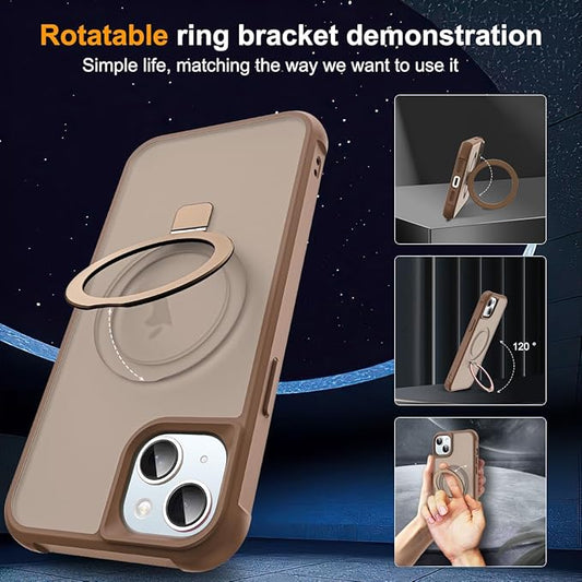 Compatible with iPhone 15 Case with Invisible Magnetic O-Ring Stand Military-Grade Translucent Case for iPhone 15 6.1" [Compatible with Mag-Safe][Great Grip Feeling],Desert Brown