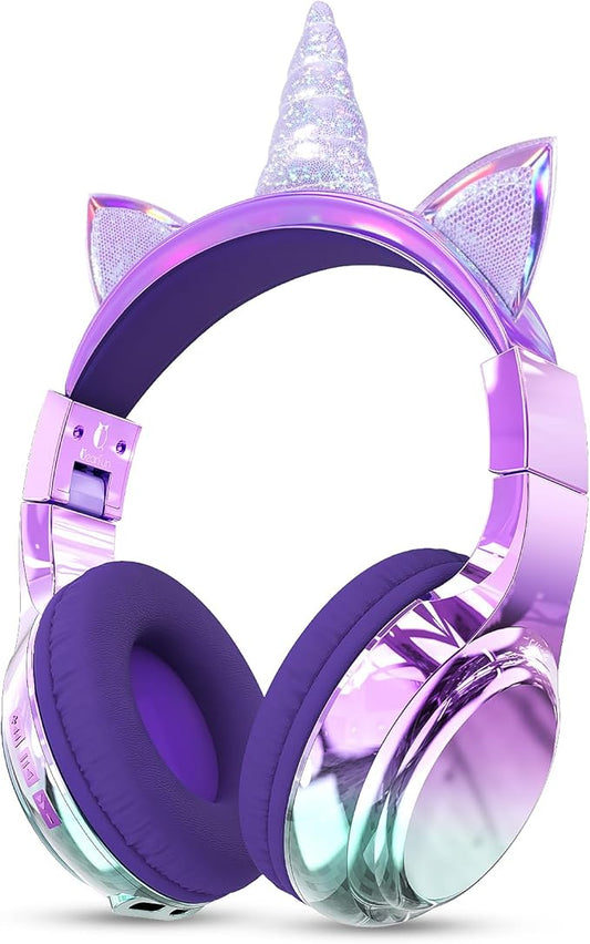 QearFun Kids Unicorn Bluetooth Headphones, 60H Playtime, 74/85/94dB Safe Volume Limit, Metallic Gradient Wireless Headset with Mic, Fast Charging, Foldable, Wired Mode for Girls School/Tablet/Travel