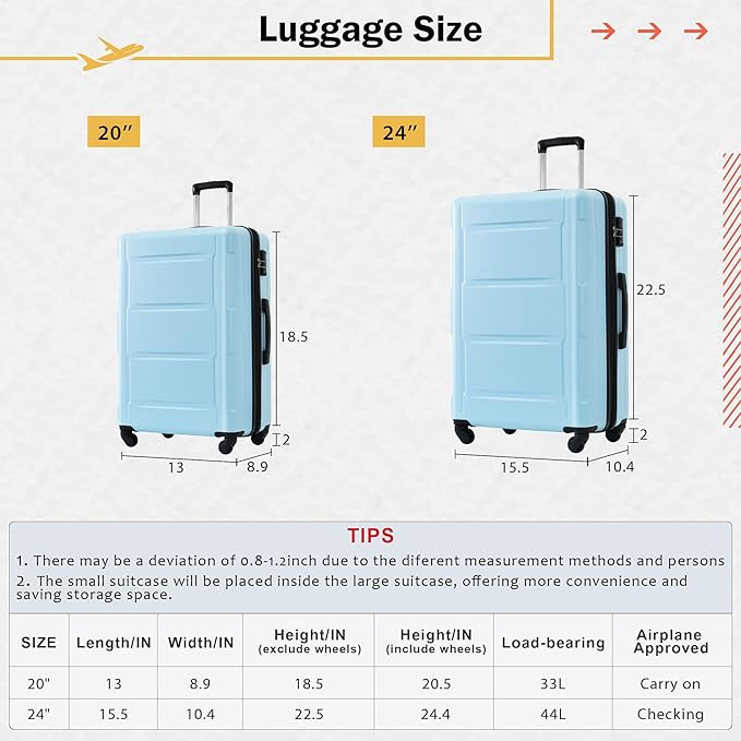 Merax Luggage Set 2 Piece Suitcase Sets with Spinner Wheel,Lightweight Hardside Expandable Travel Laggage with TSA Lock,Suitcase with Travel Bag(20"/24",Baby Blue)