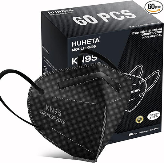 HUHETA Individually Wrapped 60 Packs KN95 Face Masks, 5-Ply Breathable and Comfortable Filter Safety Mask with Elastic Earloop and Nose Bridge Clip, Protective Masks for Indoor and Outdoor (Black)