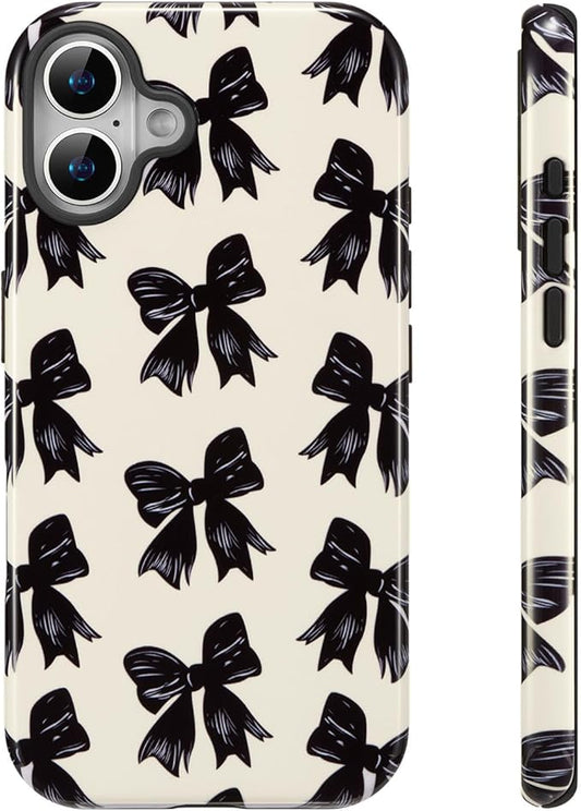QLTYPRI Case for iPhone 16, Aesthetic Black Ribbon Bow Phone Case for Girls Women, Protective Hybrid 2-Layer Hard Shell Silicone Cover Durable Shockproof Phone Cover - Beige