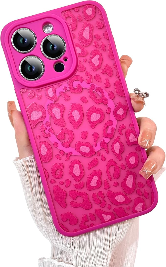 KANGHAR Case for iPhone 15 Pro Hot Pink Leopard Printed Pattern Cute Cheetah [Compatible with Magsafe] Protective Magnetic Case for Girls Women 6.1"