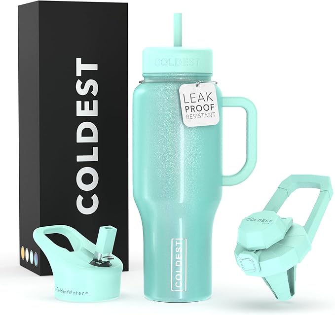 Coldest Tumbler with Handle and Straw, 100% Spill Proof Tumbler with Straw (3 Lids), Stainless Steel Insulated Leakproof Tumblers for Women & Men, 36 oz (Astronaut Green Glitter)