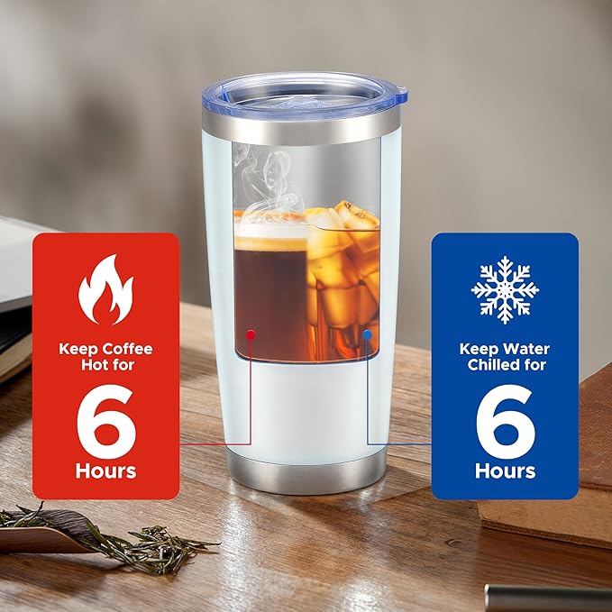 OMTech 20oz Tumblers Bulk, 6pc Stainless Steel Tumbler Set with Lid & Straw, Double Wall Vacuum Insulated Mug for Laser Engraver, Travel Coffee Mug for Hot & Cold Drinks, White Powder Coated Cup