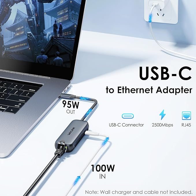 WAVLINK USB C to Ethernet Adapter 2.5Gbps with 95W PD, 2500Mbps USB-C to RJ45 Network Converter (USB4, Thunderbolt 3/4/5 Compatible), Aluminum Case for Windows, Mac OS, iPad OS and More.
