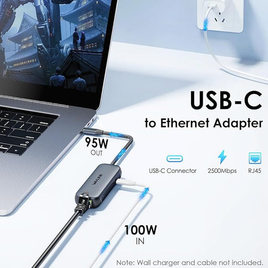WAVLINK USB C to Ethernet Adapter 2.5Gbps with 95W PD, 2500Mbps USB-C to RJ45 Network Converter (USB4, Thunderbolt 3/4/5 Compatible), Aluminum Case for Windows, Mac OS, iPad OS and More.