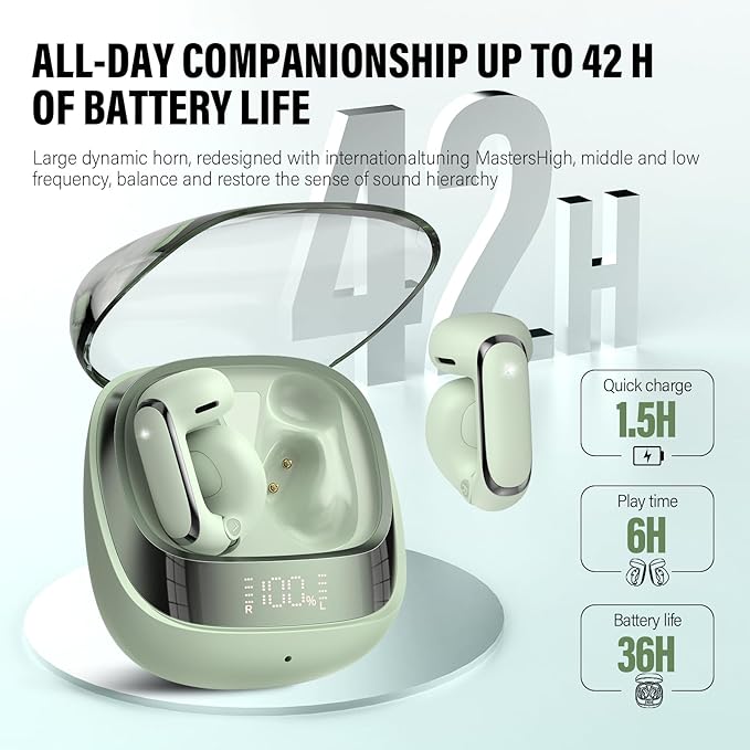 Wireless Earbuds, Clip On Ear Headphones, Bluetooth 5.4 HiFi Stereo Earbuds,42H, LED Display Ear Buds, Comfortable Lightweight, IP7 Waterproof Open Ear Earphones, Earbud for Workouts Running, Green