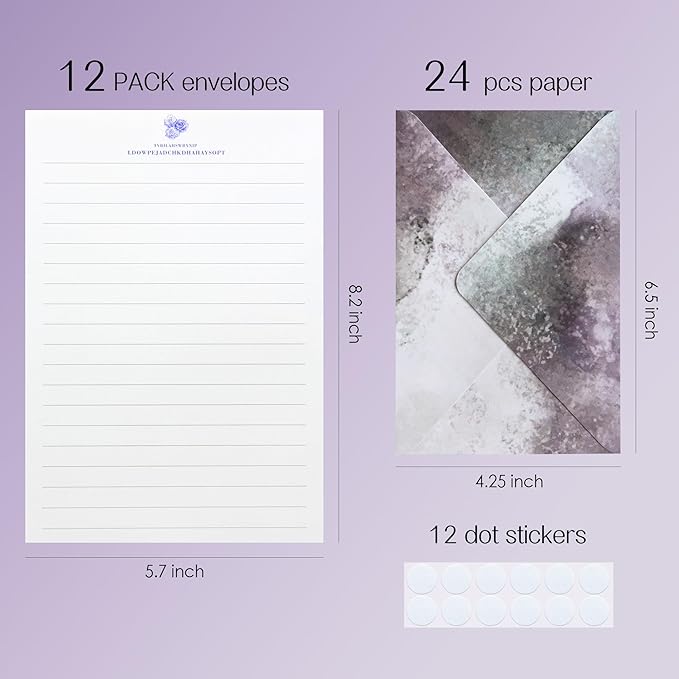 Tuhangcc Stationary Paper Set Minimalism - Hand Blended Colors, 12 Envelopes (4x6 in) & 24 Lined Paper for Wedding Love Letters, Invitations, Anniversaries (Smoky Lavender)