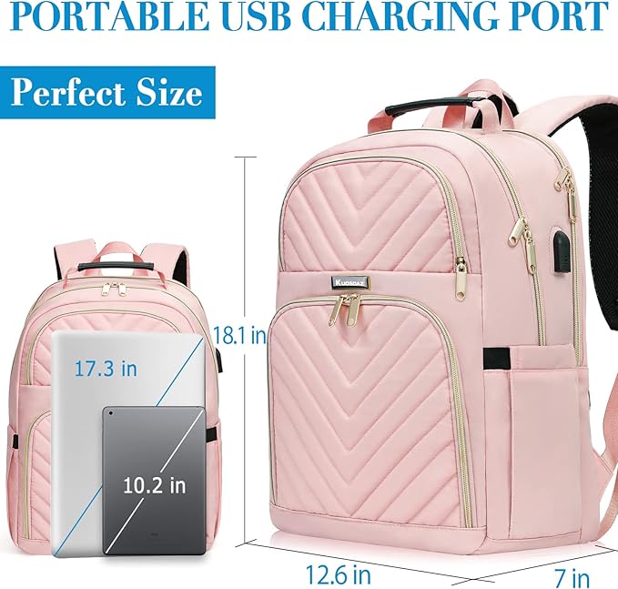 Laptop Backpack for Women, Large School Backpacks for Girls,17.3 Inch Fashion Quilted College Bookbags with USB Charger, Pink Womens Travel Backpack